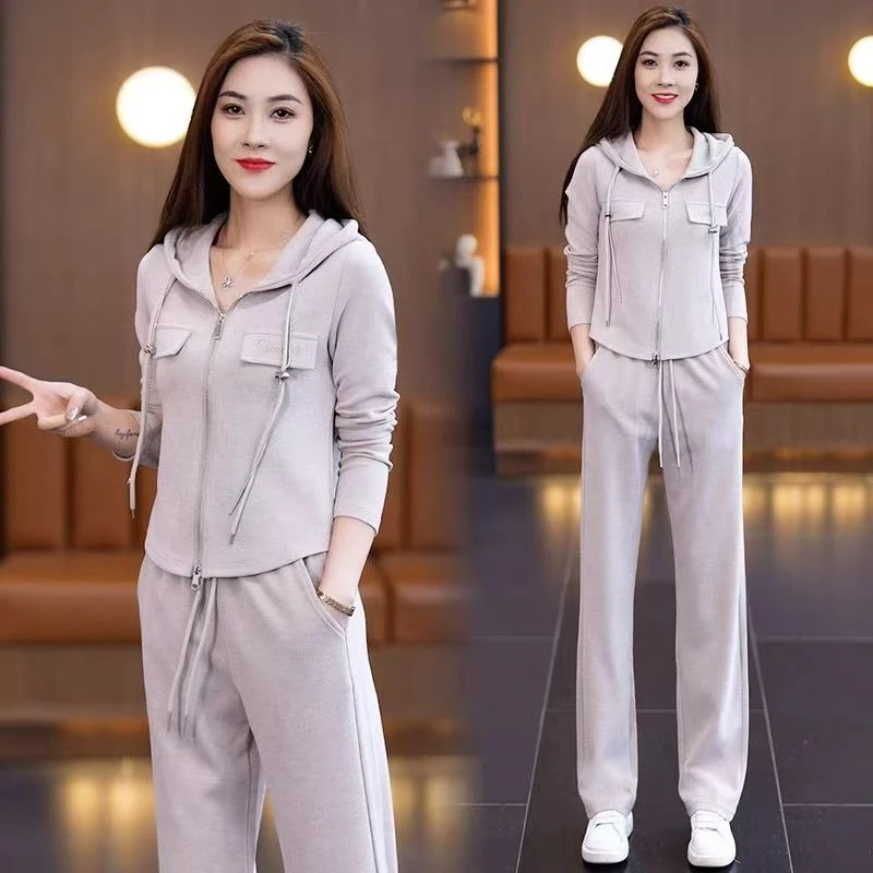 秋季大码女装胖mm体闲套装洋气时尚韩版显瘦连帽减龄妈妈装运动服