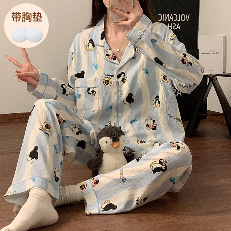 云朵棉翻领长袖长裤蓝色企鹅睡衣女士2024年春秋季可爱甜美家居服