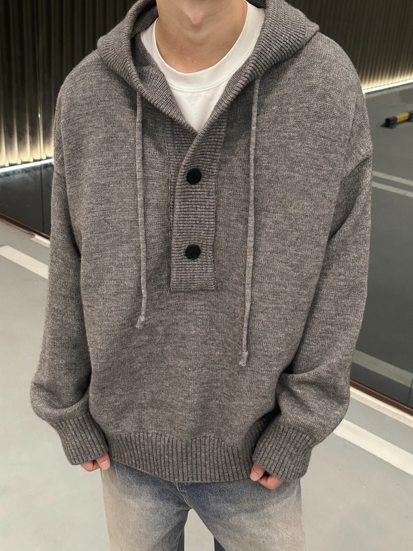 新款秋冬慵懒风连帽半开衫毛衣套头纯色百搭宽松休闲针织衫