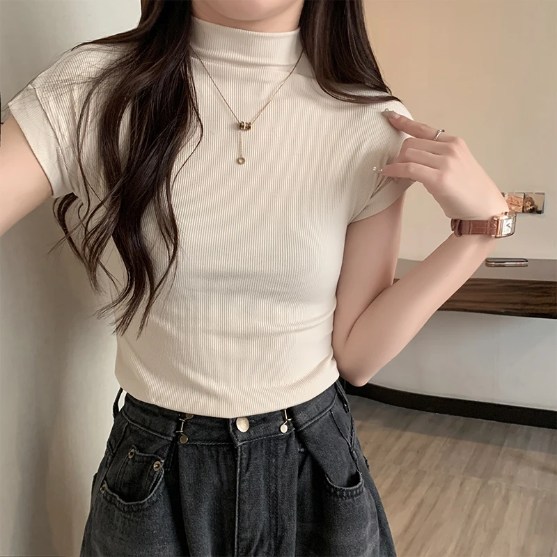哺乳衣外出半高领修身短袖t恤女2023年秋新款纯色高级感内搭上衣