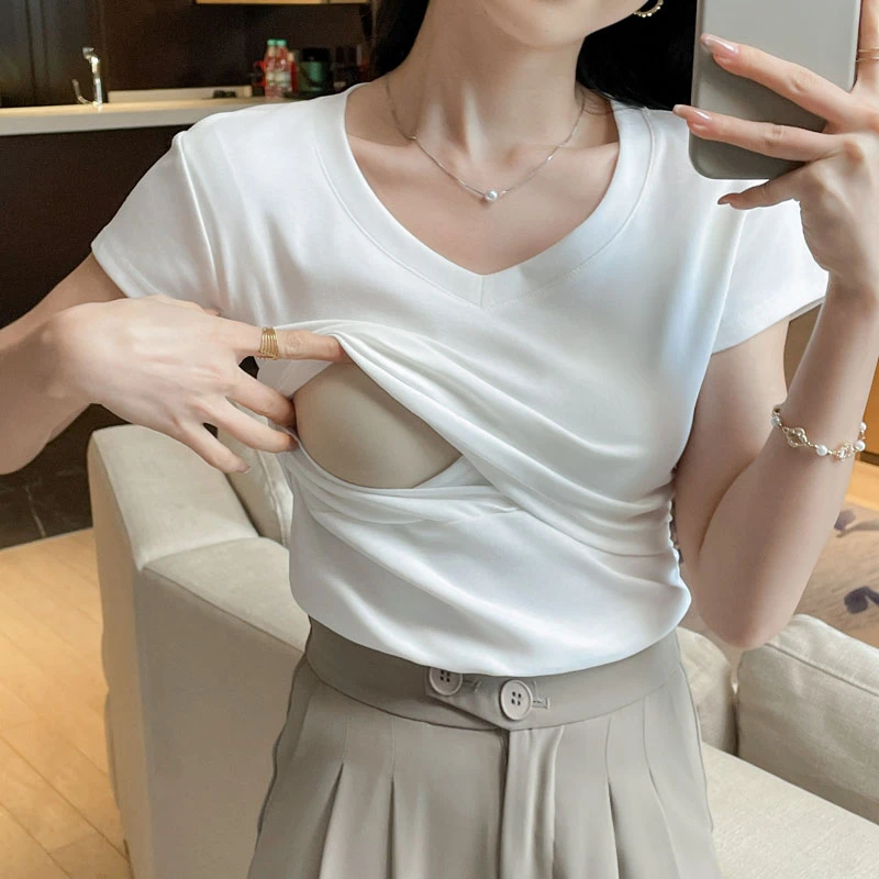 哺乳期妈妈夏装纯棉T恤外穿产后辣妈V领白色修身显瘦夏季喂奶上衣