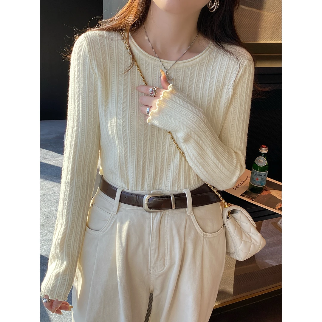 哺乳衣高级感打底衫女春秋2024新款内搭上衣木耳边喂奶衣针织衫
