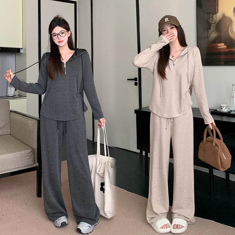 大码哺乳衣两件套产后家居服女连帽卫衣上衣阔腿裤喂奶套装韩系