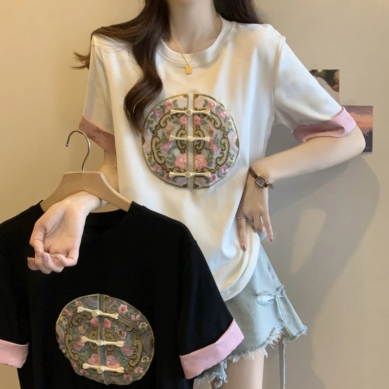 哺乳衣外出上衣夏装胖mm大码高级感中式国风纯棉刺绣喂奶短袖T恤