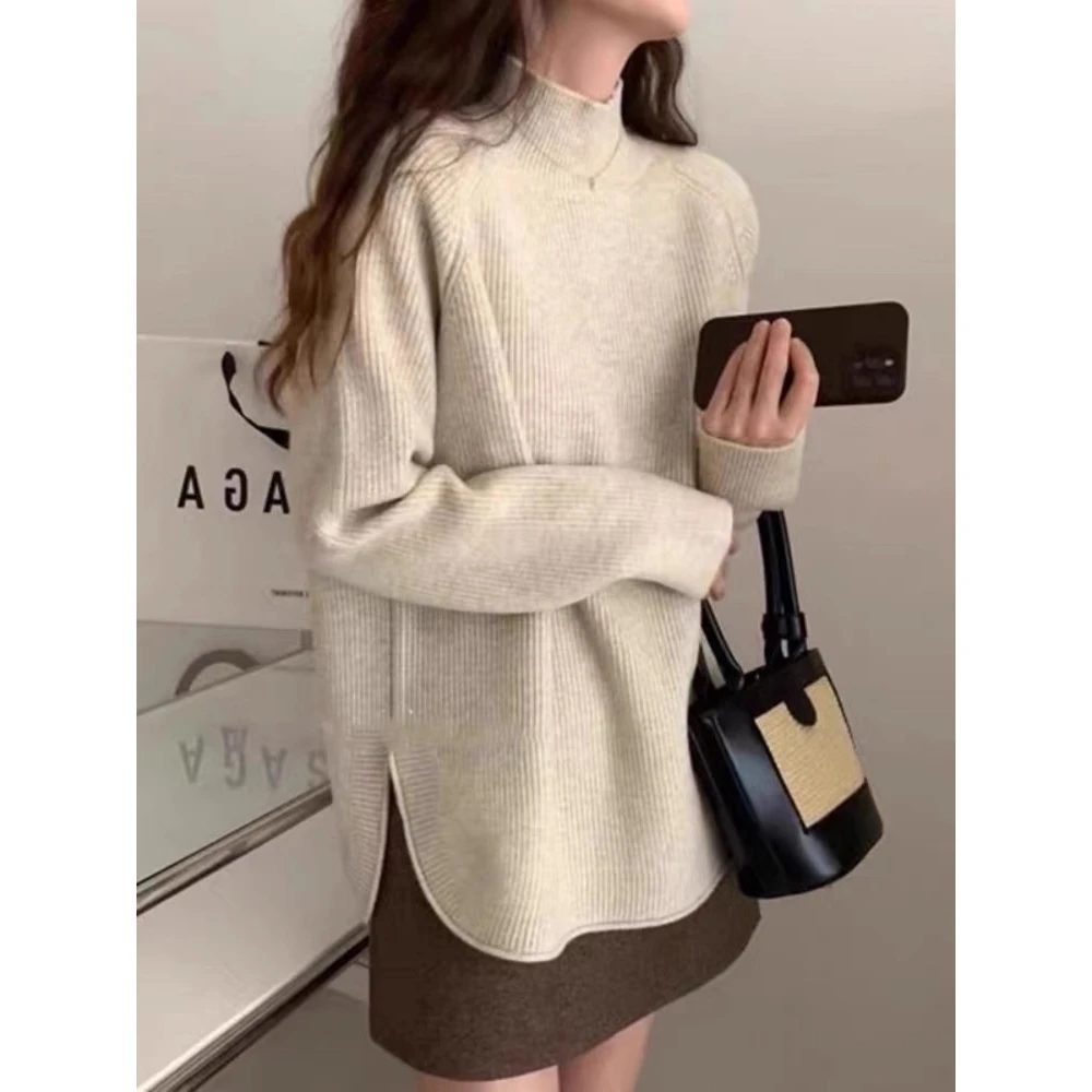 哺乳外出半高领慵懒毛衣女秋冬微胖mm显瘦内搭加厚软糯产后针织衫