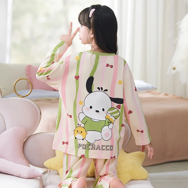 儿童睡衣女孩春秋季条纹纯棉印花长袖女童宝宝薄款中大童学生套装