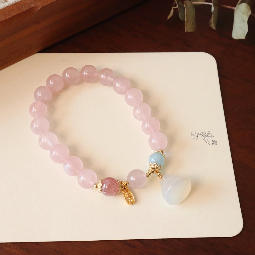 新中式天然粉水晶手链莲蓬花生南瓜吊坠手饰温柔设计感水晶手串