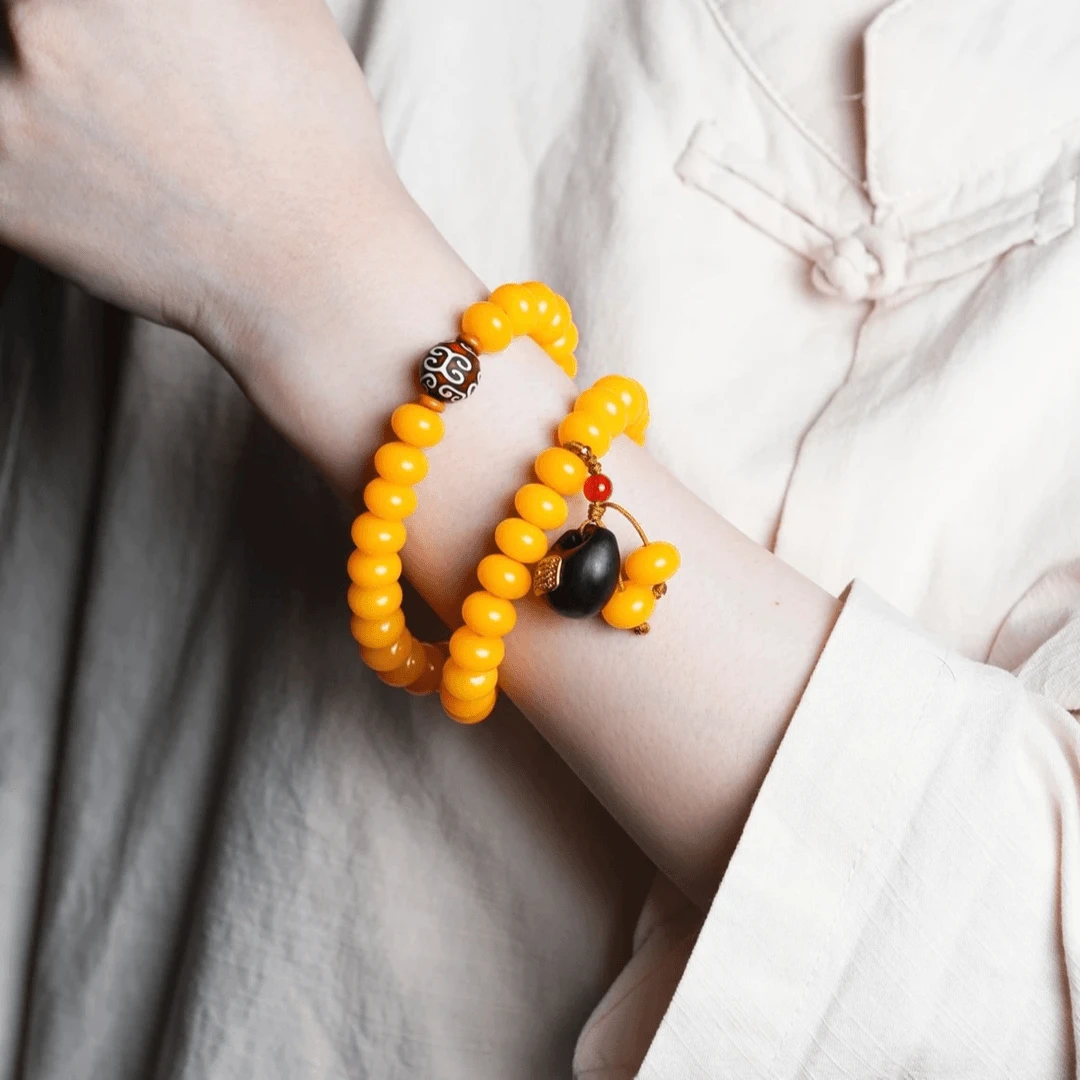 原生态黄玉菩提根手串小福锁男女款文玩菩提算盘珠双圈款菩提手串