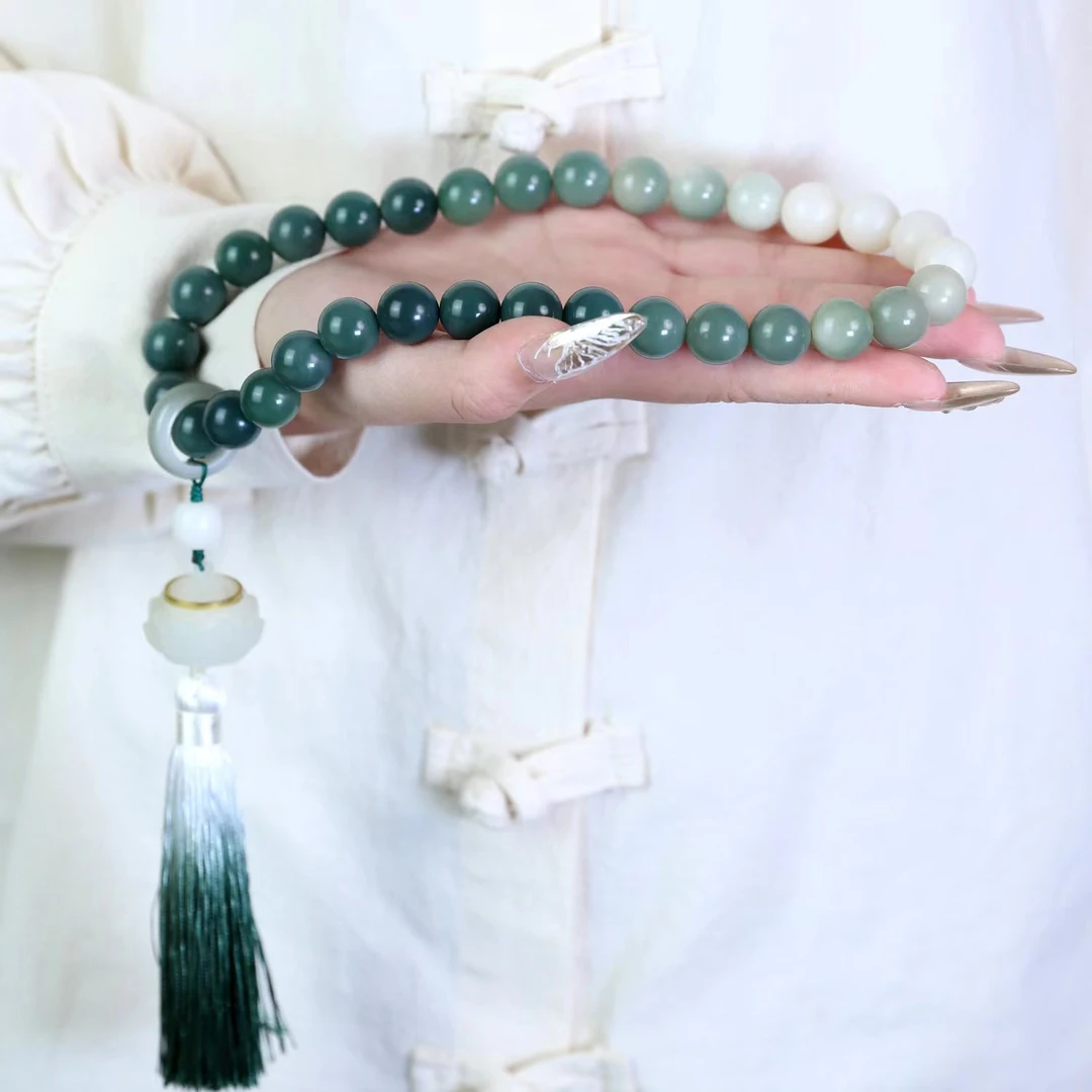 【山水渐变】天然国风莲花菩提手持搭夜光莲花香囊流苏木质文玩男女