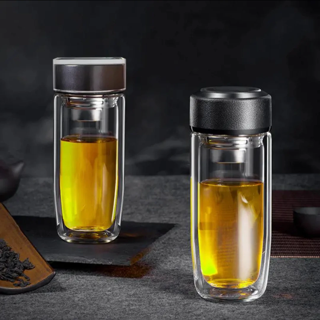 西京双层玻璃杯耐高温茶杯便携大容量商务隔热茶水分离泡茶水杯