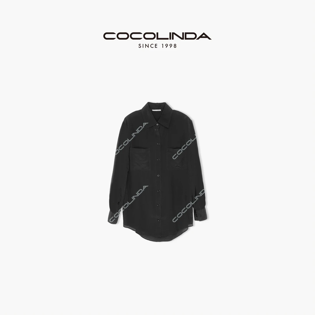 COCOLINDA琳达推荐系扣长袖衬衫XT029翻领春季潮流黑色休闲衬衣