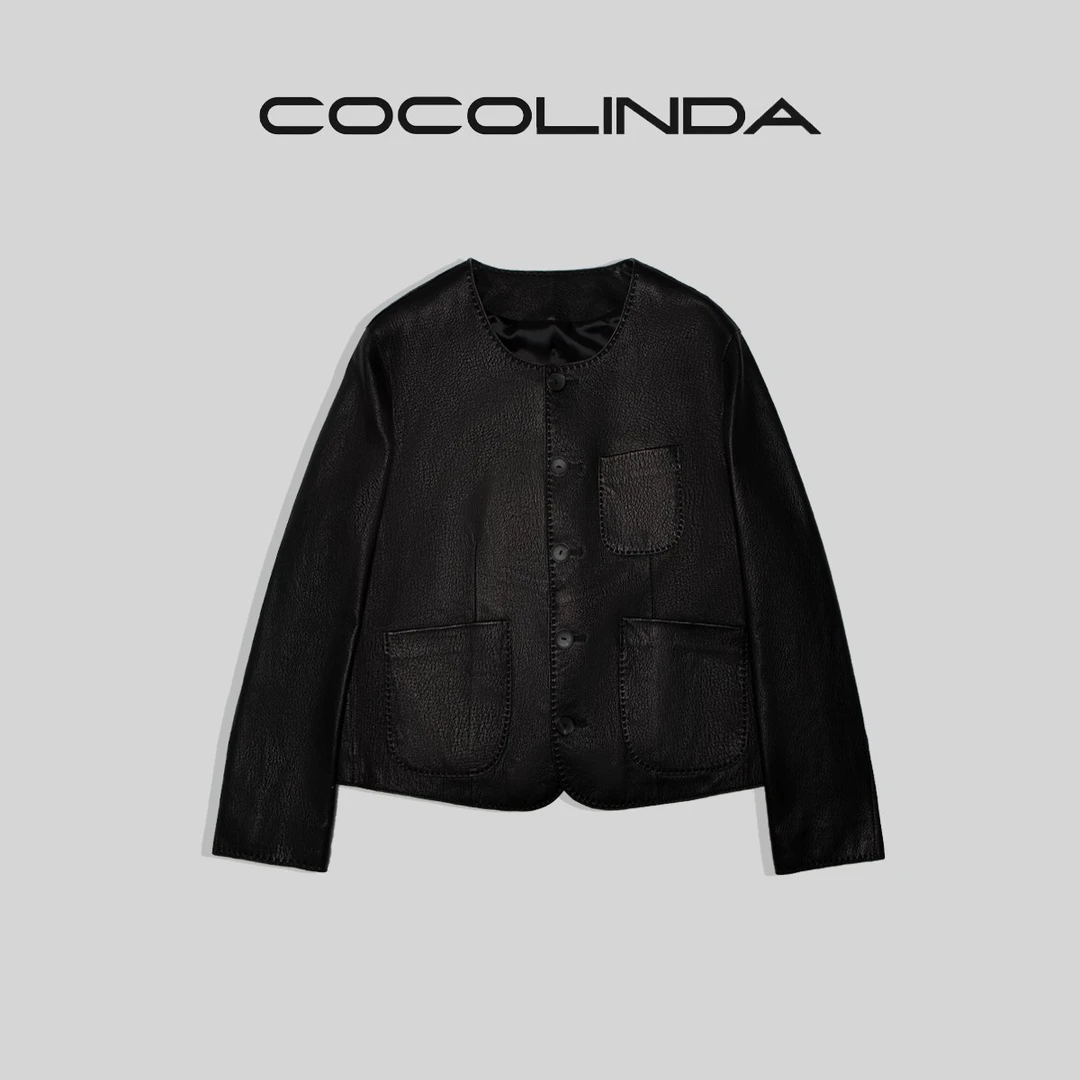 COCOLINDA琳达推荐圆领双口袋秋季皮衣设计师小香风F1029