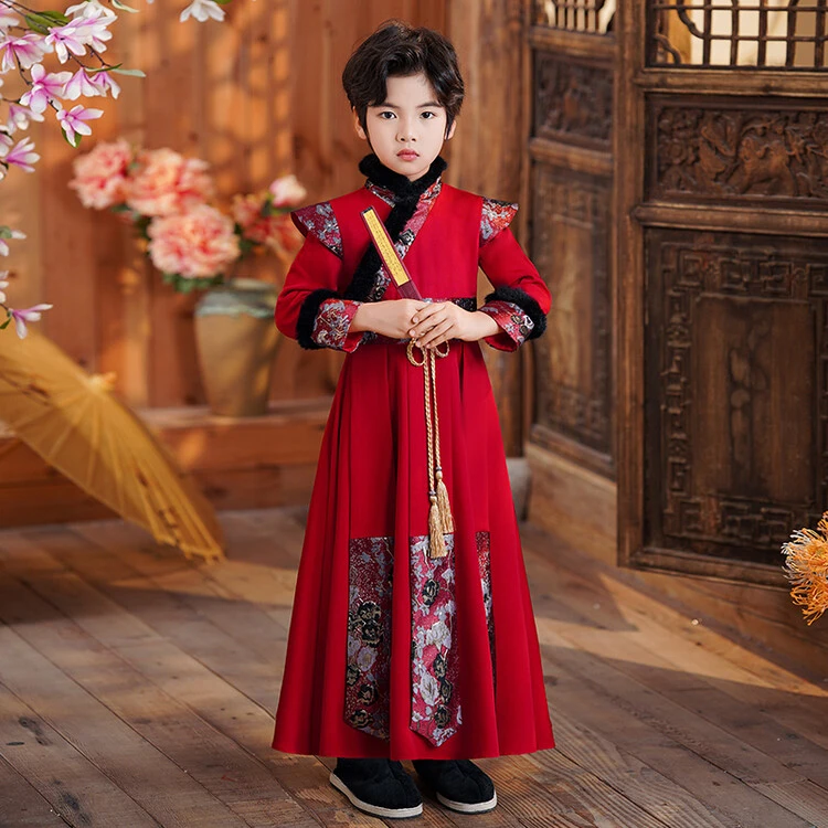 唐装冬季男童儿童汉服大童加绒加厚秋冬古风国风童装拜年服中国风