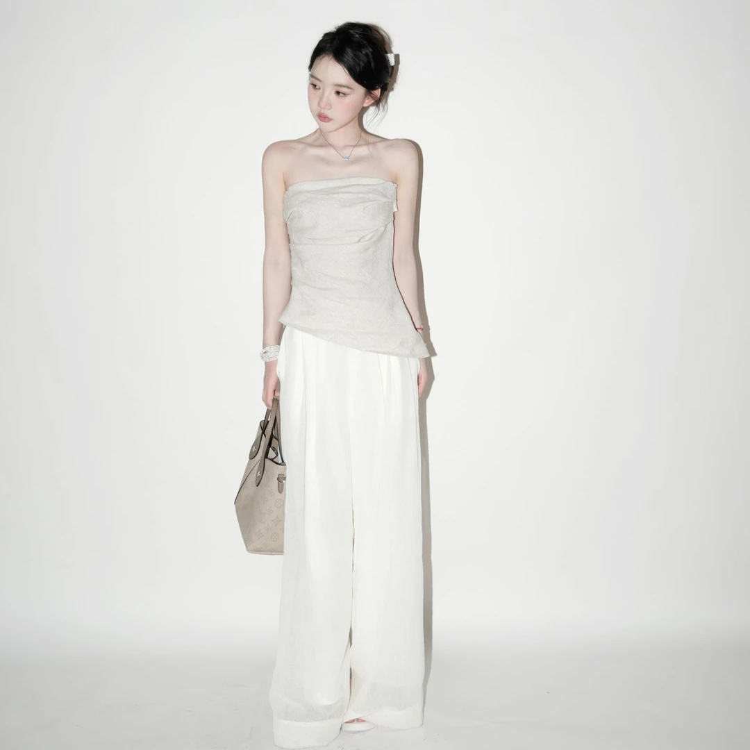 MAXINRUI 天然肌理感亚麻弹力不对称褶皱设计抹胸上衣RRH2464