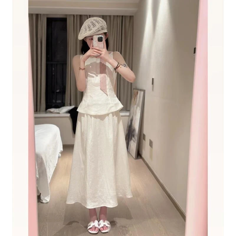 MAXINRUI 白色掐腰亚麻套装2024新款气质简约套装两件套RRM2580