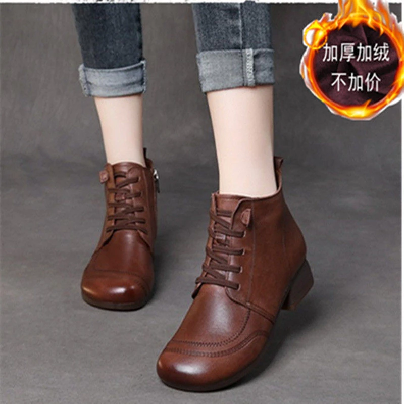 秋冬保暖新款头层牛皮低跟短靴女全牛皮中跟舒适妈妈靴加绒棉靴