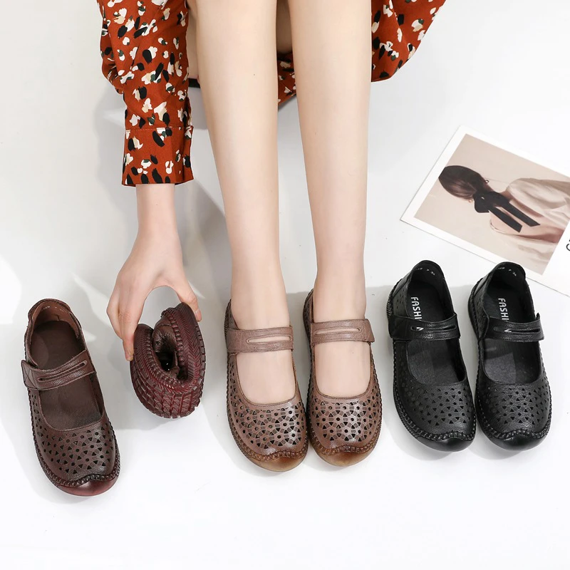 夏季镂空透气凉鞋女牛筋底平跟软底舒适洞洞鞋真皮单鞋复古妈妈鞋