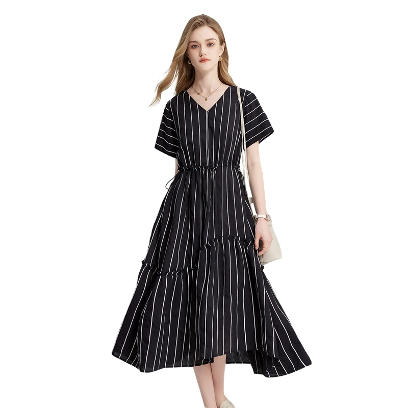 【品牌奥莱】她池2024夏装新款女装条纹短袖V领连衣裙T42Z1875L