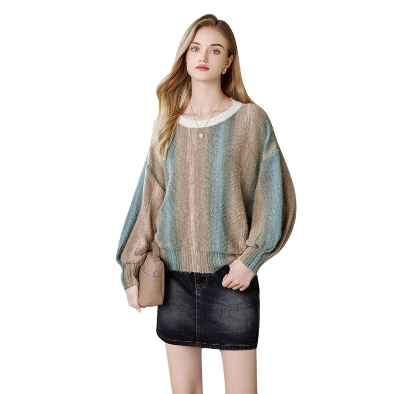 【品牌奥莱】她池2024秋冬新款女装落肩袖森系条纹毛衣T43X4966M