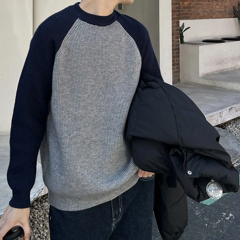 时尚拼色插肩袖毛衣男秋冬圆领套头藏蓝色男士打底针织衫