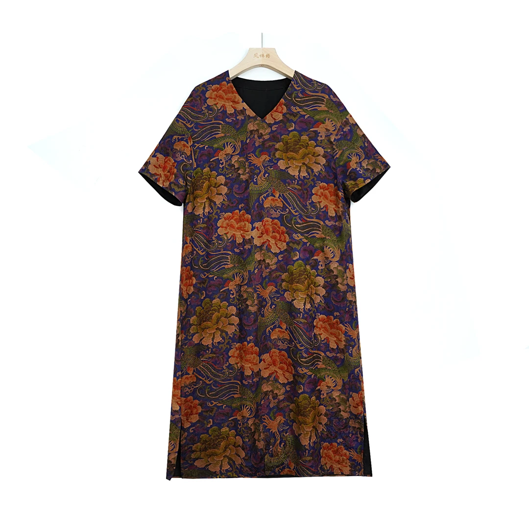 100%桑蚕丝香云纱2024新款V领短袖印花宽松连衣裙CD24070901