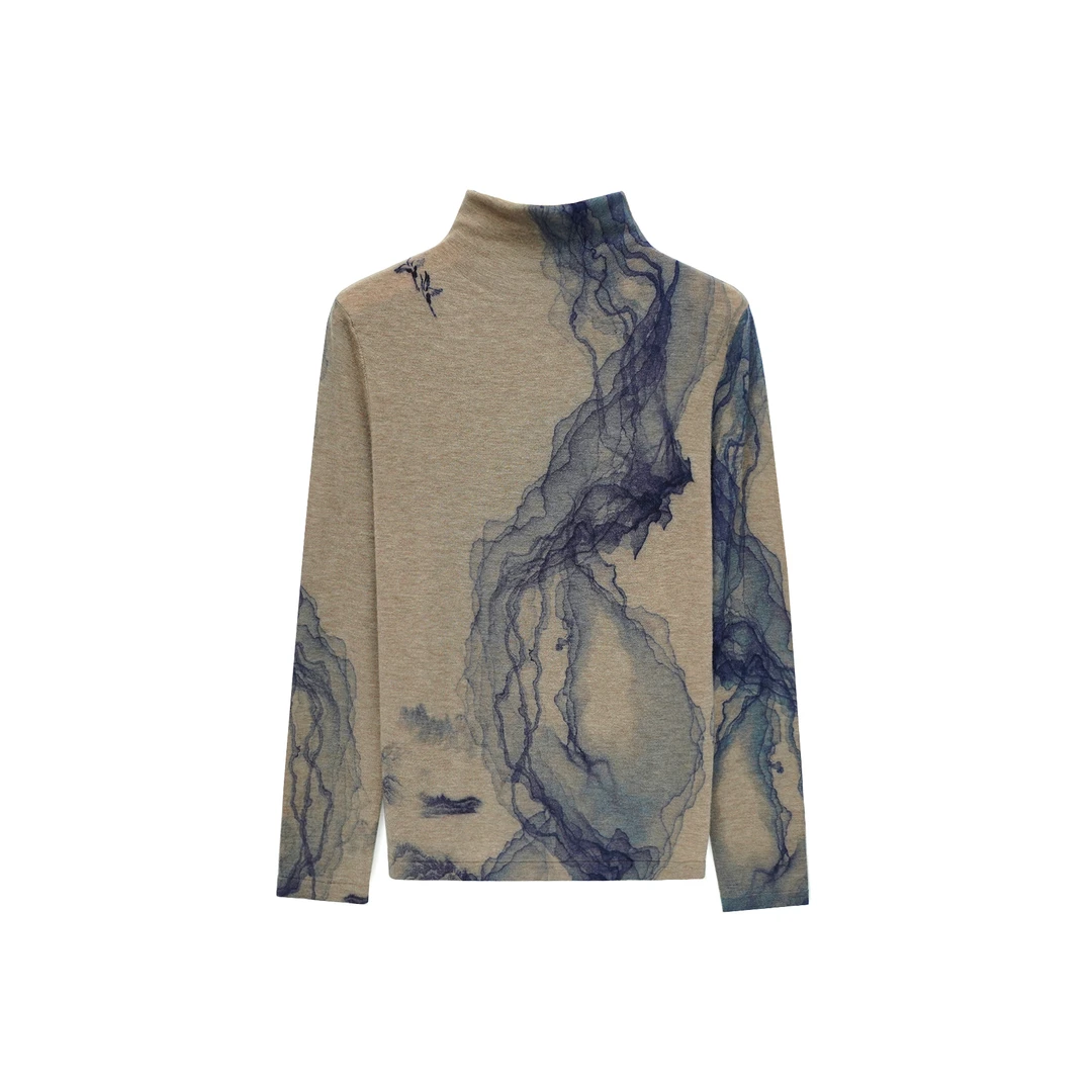 2024秋季新款100%绵羊毛秋季上新款半高领长袖印花上衣CD92701