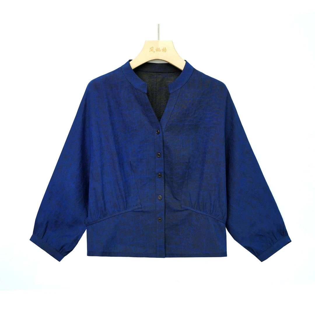 秋季香云纱蓝色龟裂纹气质女士长袖双面穿桑蚕丝外套CD2024072502