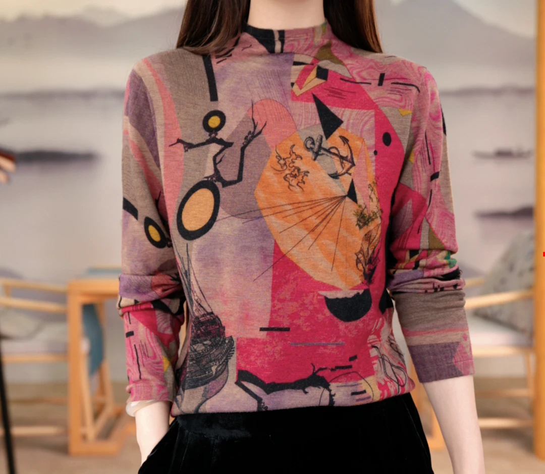 2024冬季上新水溶羊毛衫时尚印花打底衫绵羊毛保暖羊毛衫CD92808