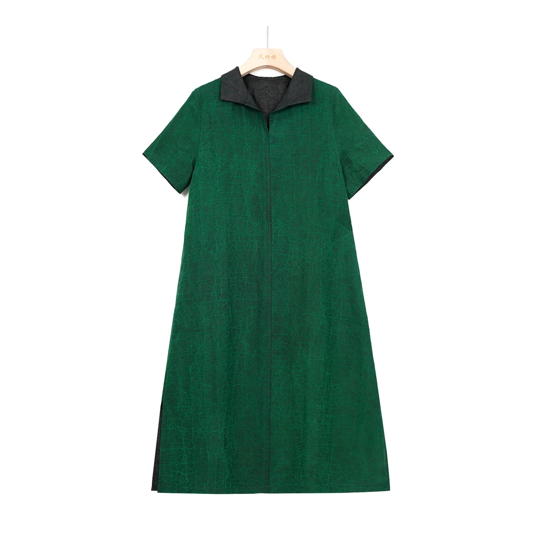 香云纱夏季新款绿色龟裂纹双面穿翻领连衣裙CD24070507
