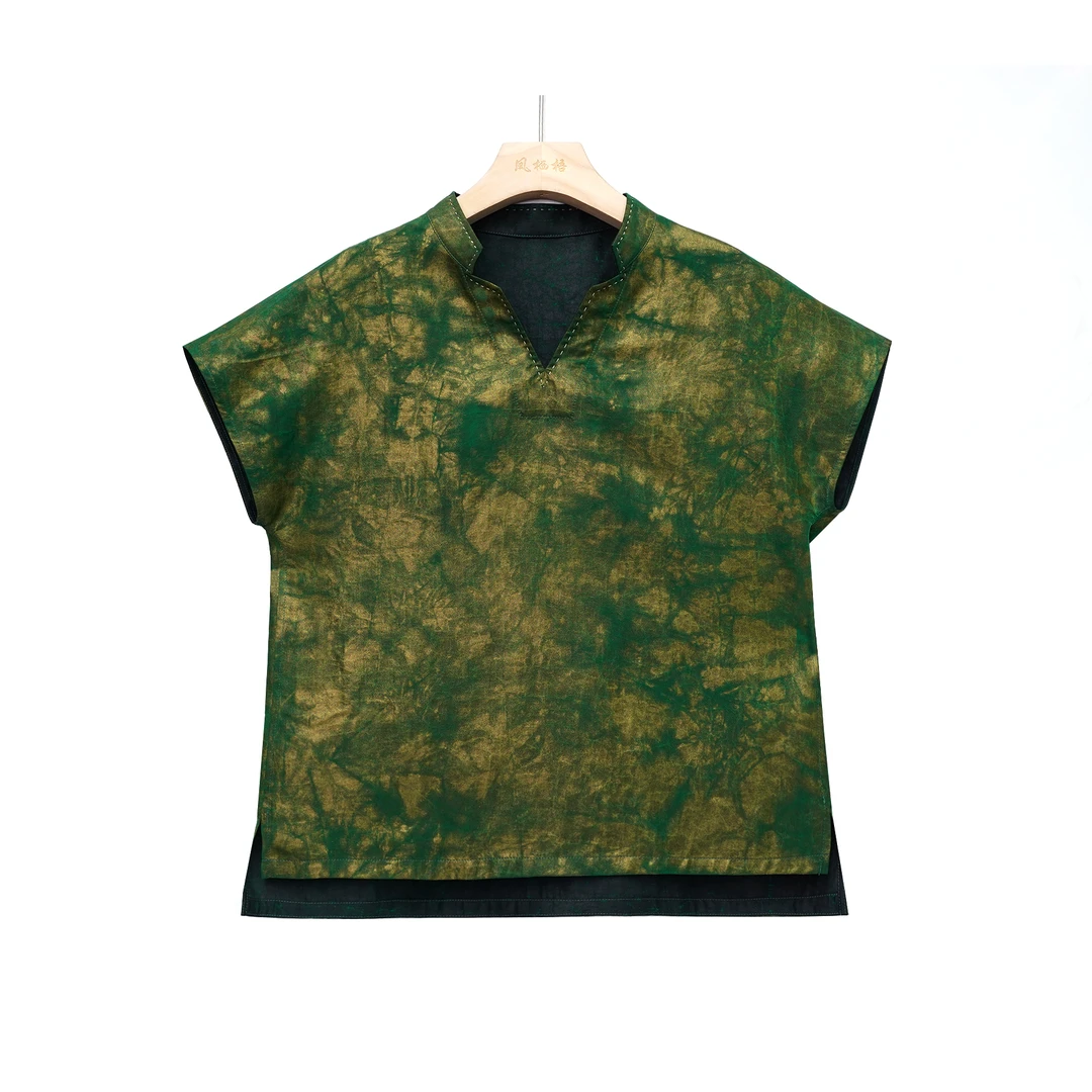 香云纱100%桑蚕丝夏季上新V领绿龟双面穿上衣CD24072001