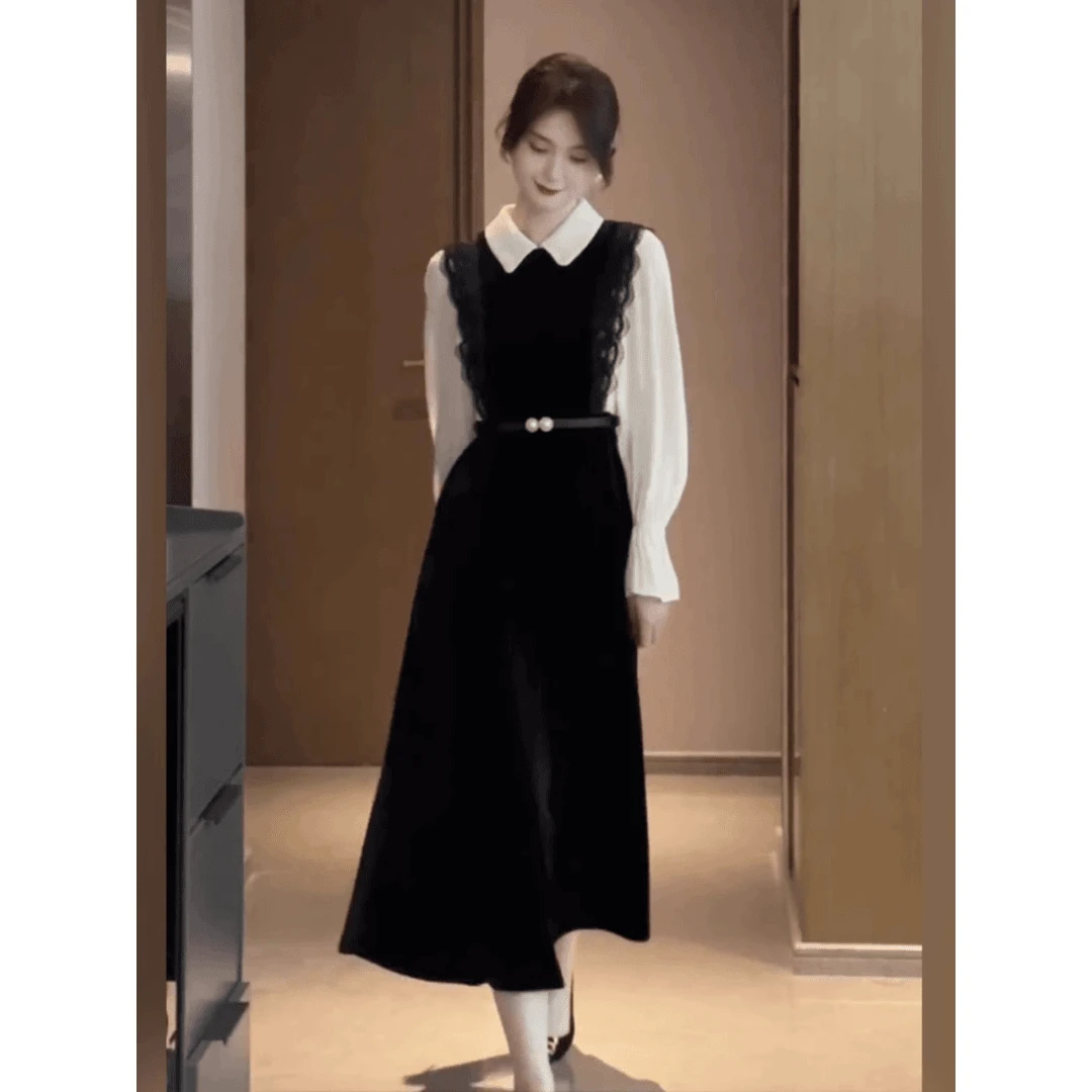 2025秋冬新款女装轻熟风显瘦高级感假两件连衣裙通勤收腰内搭大衣