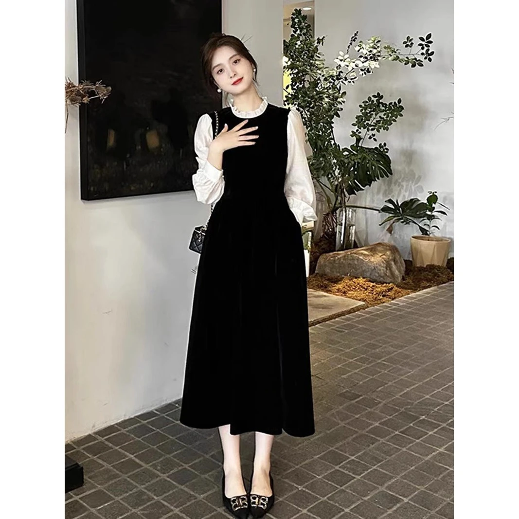 法式长袖复古大码连衣裙女秋装赫本风拼接气质长裙高级感黑色裙子