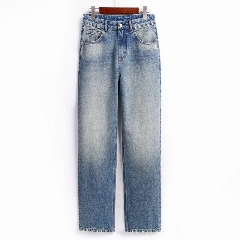 磨白蓝·春秋新款休闲宽松水洗时尚百搭高腰直筒阔腿牛仔裤女11320