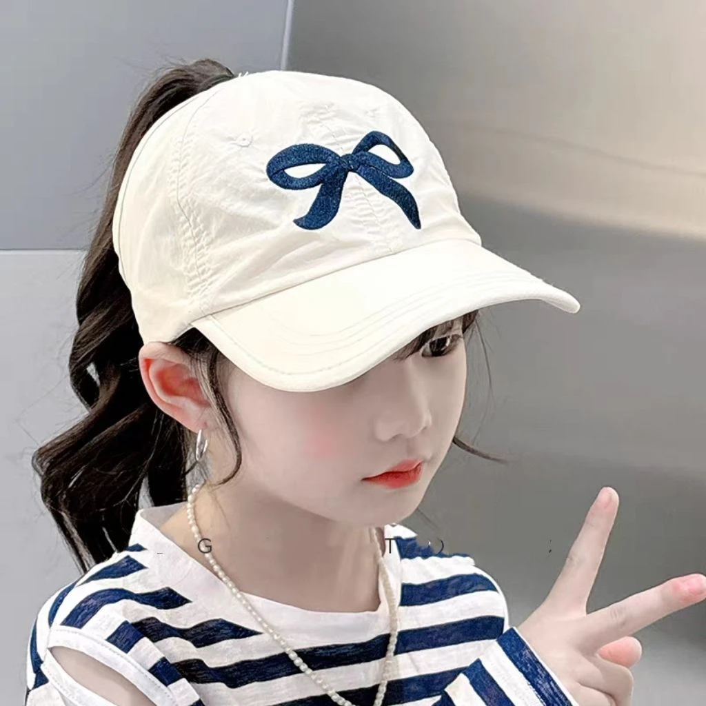 儿童帽子夏季新款女童防晒后空顶鸭舌帽蝴蝶结可扎马尾遮阳棒球帽