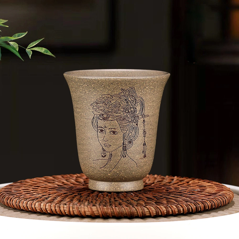 宜兴原矿紫砂纯手工主人杯全手工蟹壳青刻绘美女闻香杯品茗杯50cc