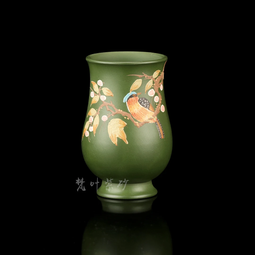宜兴紫砂原矿手工你会寿桃鸟主人杯绿泥宝瓶杯150cc绿色