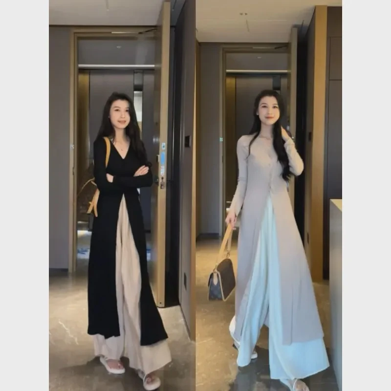 2025高级感赫本风气质黑色V领开衫中长款外套阔腿长裤套装