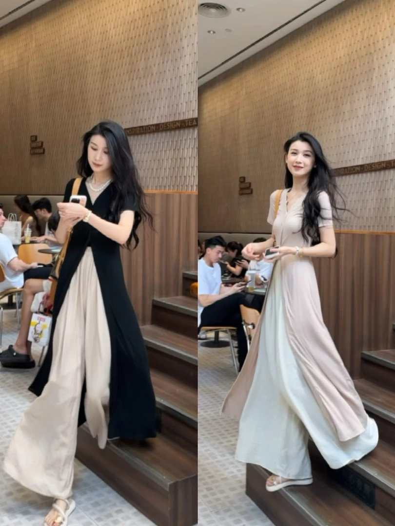 2025高级感风黑色上衣修身V领开衫中长款外套女慵懒风阔腿长裤