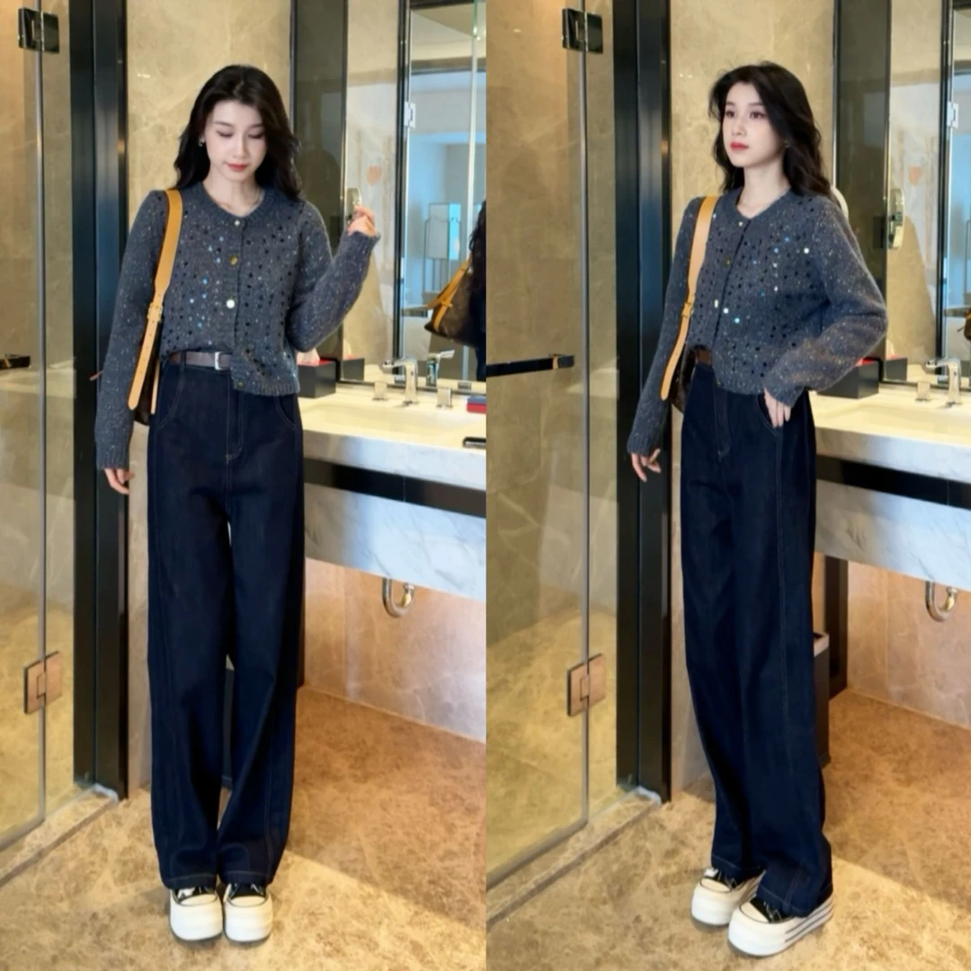 2024秋冬新款时尚洋气亮片针织毛衣+牛仔裤气质两件套爆款套装女