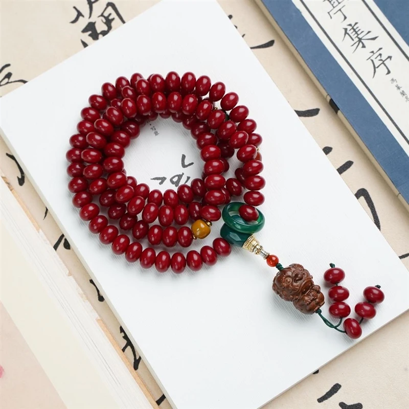 菩提根108颗 红玉菩提手串算盘珠多圈配貔小貅款菩提子文玩8x11mm