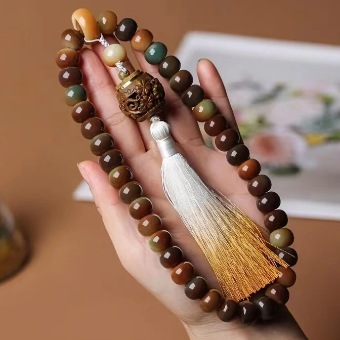 【大敦煌飞天手持】天然原生态风化菩提手串色彩斑斓搭配绿檀木香囊