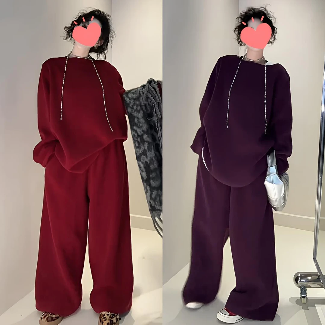 休闲风减龄卫衣套装秋冬氛围感宽松慵懒毛毛外套长裤网红套装潮