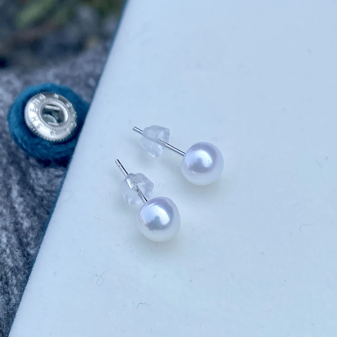 【珍珠小小】天然淡水无核珍珠7-8mm 馒头珍珠 s925银耳针气质白色