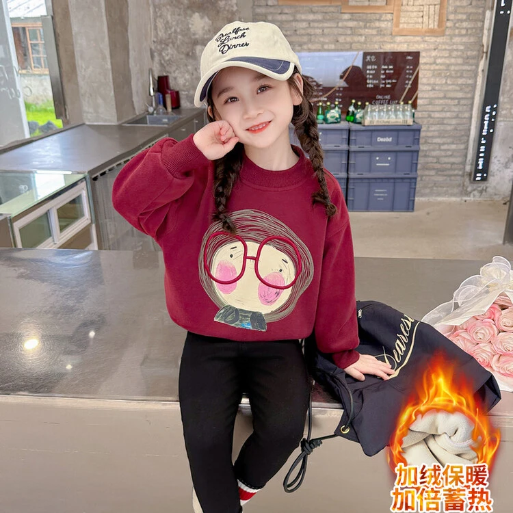 2023女童新款秋冬季甜美可爱眼睛加绒卫衣儿童小女孩百搭上衣绒衫