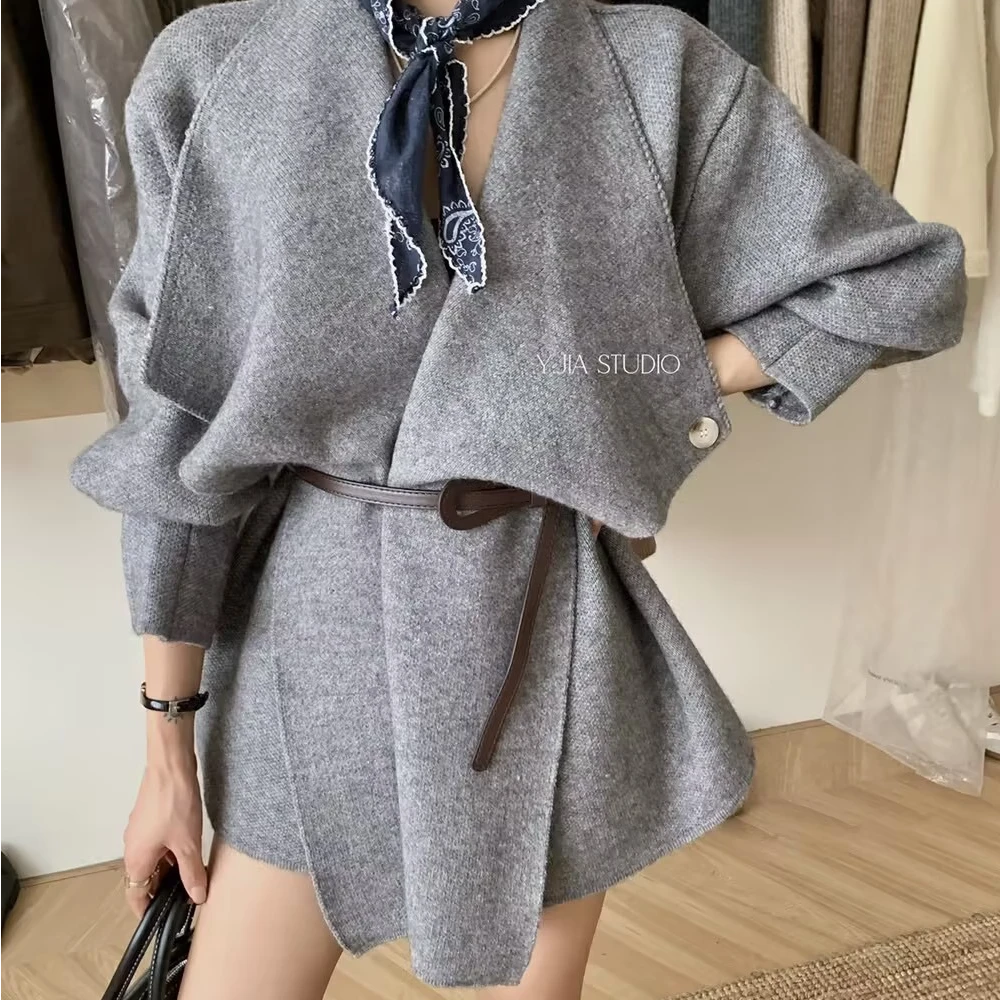 秋冬新款中长款御姐慵懒风不规则大翻领百外套毛衣女气质开衫毛衣