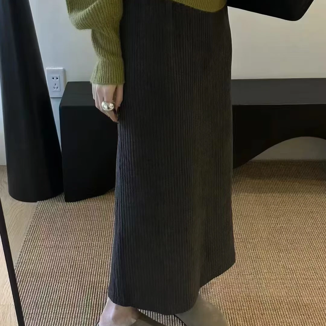 2024秋冬新款高腰韩版开叉长裙女显瘦加厚灯芯绒直筒条绒半身裙