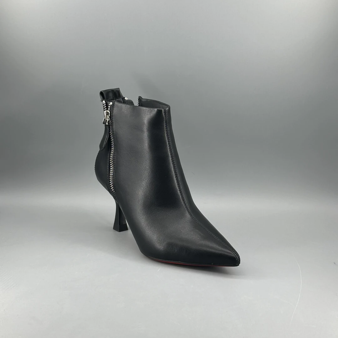 （6厘米）977-2皮面双拉链加绒红底细跟短靴