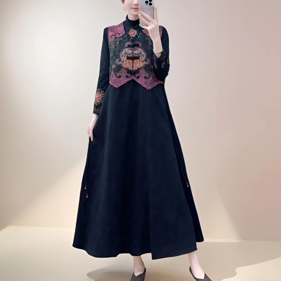 【清款】秋冬民族风重工刺绣V领棉麻提花背心马夹裙无袖连衣裙