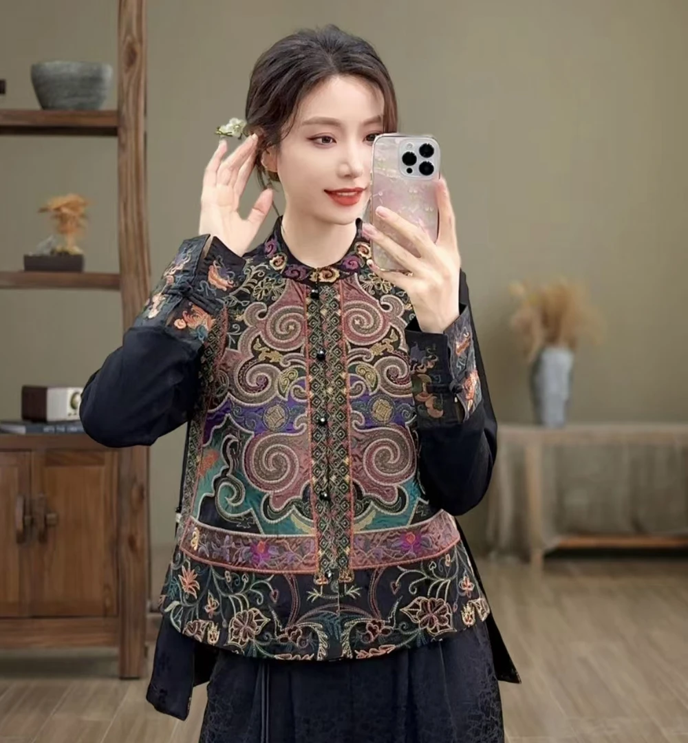 【金枝玉叶】两面穿中式立领金丝刺绣马甲女复古民族风缎面提花坎肩