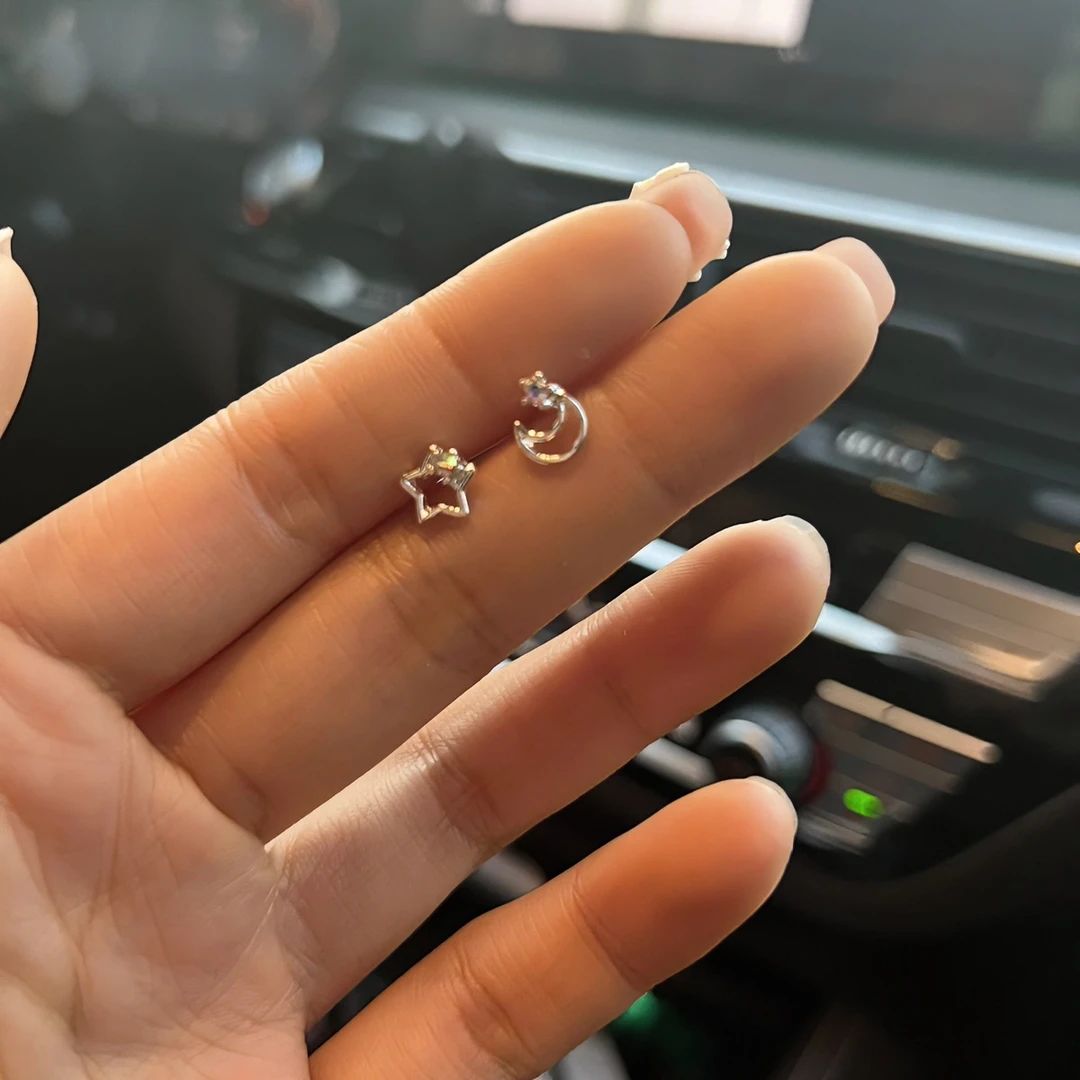 合金耳饰 百搭彩钻星月耳钉女小众设计耳环对称耳骨耳洞简约女